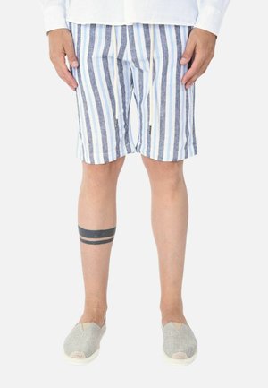 Uomo che indossa pantaloncini a righe verticali azzurri chiaro, bianchi e grigi con coulisse, scarpe grigie slip-on e un tatuaggio nero a doppia banda sul polpaccio.