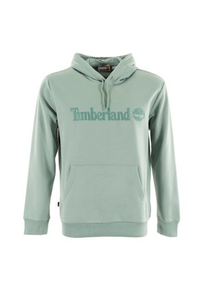 Felpa verde chiaro in tessuto morbido con tasca frontale, polsini a costine e il logo "Timberland" ricamato sul petto.