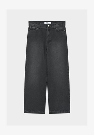 Juodos spalvos plačiomis kojomis džinsinės kelnės aukštu juosmeniu, su priekinių kišenių ir sagos užsegimu. Turi raištelį juosmenyje ir lygų audinį.