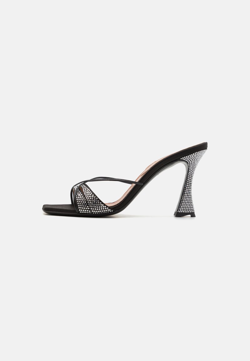Black high-heeled sandals with a textured upper featuring shiny rhinestones, slim straps, and a distinctive geometric heel design.