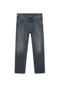 Jeans in denim blu scuro con una texture sbiadita, caratterizzati da un taglio dritto, cinque tasche e una chiusura con bottone di ottone in vita.