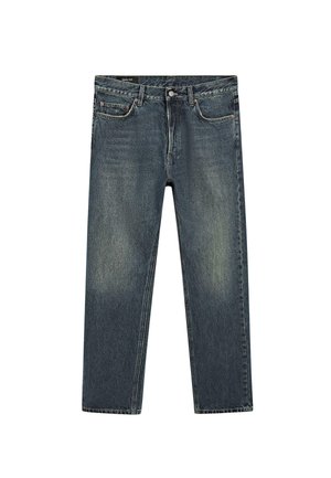Jeans z denimu v tmavě modré barvě s vybledlou texturou, s rovný střih, pěti kapsami a mosazným knoflíkem na zavírání v pase.