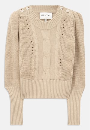 Beige strikket trøje med kabelstrik, ribbet kant og ærmer, med knapdetaljer på skulderen. Tekstureret stof.