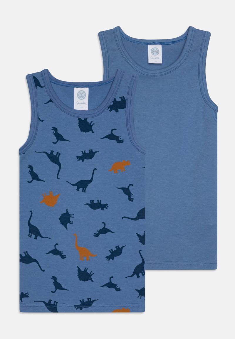 Canotte in cotone blu con motivo di dinosauri in blu scuro e arancione, con scollature rotonde e senza maniche, presentanti due design.