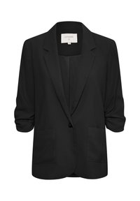 Blazer noir à bouton unique avec manches froncées, deux poches plaquées devant, revers de col, et une étiquette de marque "cream" à l’intérieur.
