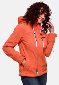 Orange hooded jacket with white accents, made of textured fabric. Features zippered pockets and a fitted design.