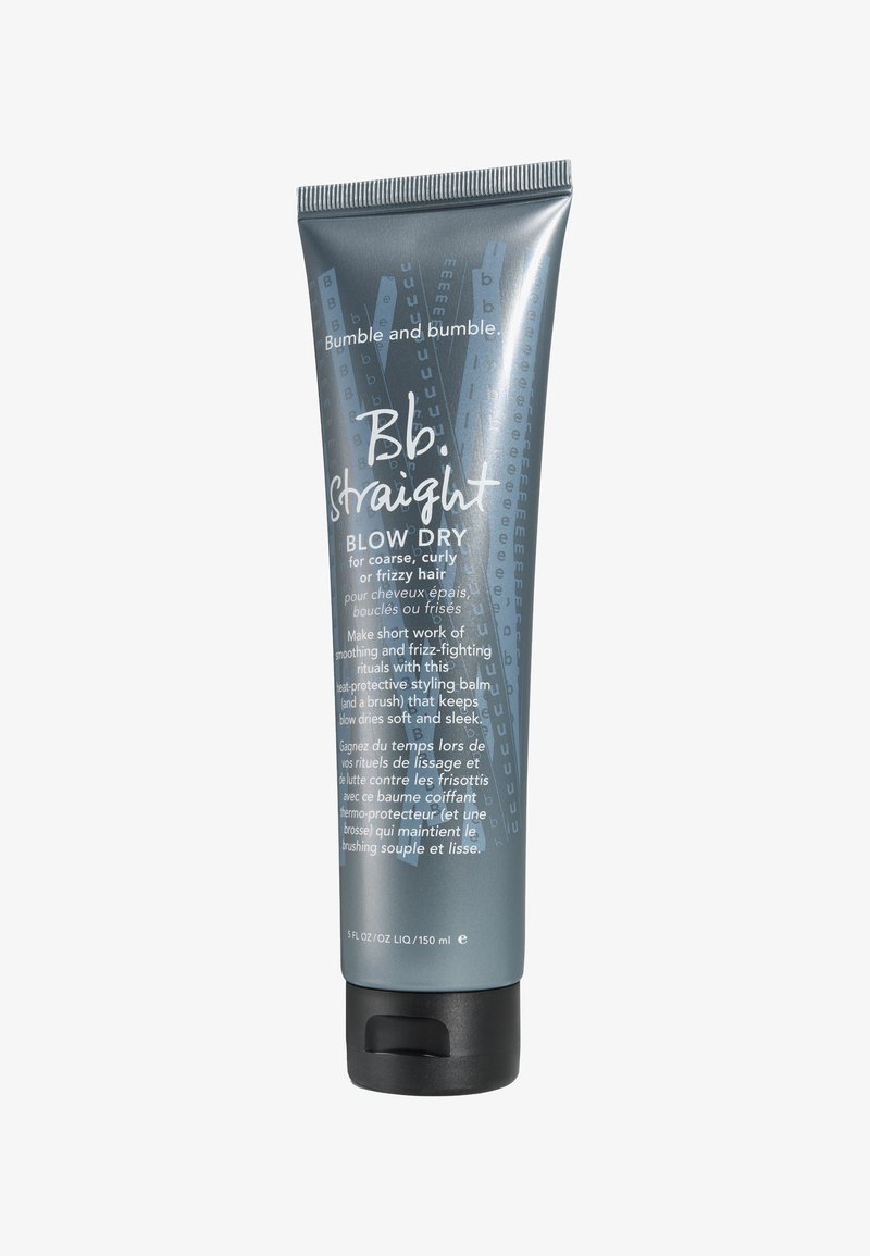 Grijze plastic tube met een zwarte flipkap, met witte en blauwe tekst. Bevat 150 ml hittebeschermende stylingbalsem voor pluizig haar.