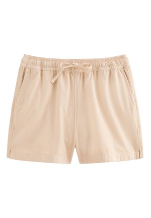 Beige casual shorts met een elastische tailleband, trekkoord, zijzakken en kleine zijopeningen aan elke pijp.