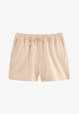 Beige casual shorts met een elastische tailleband, trekkoord, zijzakken en kleine zijopeningen aan elke pijp.
