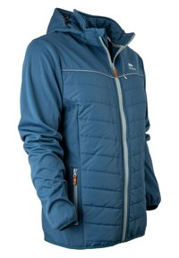 Blaue isolierte Jacke mit Reißverschlusstaschen, Kapuze und elastischen Bündchen. Enthält Steppnähte und kontrastierende Reißverschlussakzente.