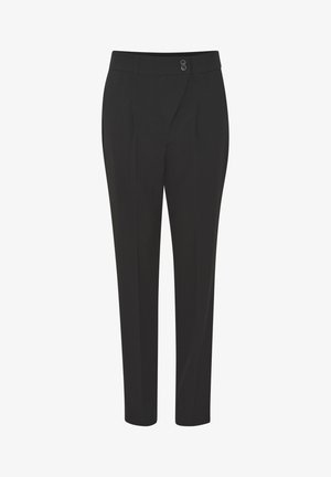 Černé kalhoty s elegantním střihem, které mají dva přední záhyby, hladkou texturu a zapínání na knoflík v pase.