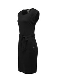 Vestito nero senza maniche al ginocchio con scollo rotondo, cintura in tessuto legata in vita e tasche laterali con dettaglio a bottone.