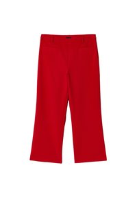 Red straight-leg pants with belt loops, two front welt pockets, and a clean waistband, displayed on a white background.