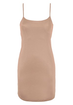 Robe nuisette nude avec bretelles fines, fabriquée en tissu lisse et extensible. Design simple, longueur genou et bords sans couture pour une finition épurée.