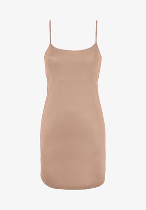 Nude slip dress with thin straps, made of smooth, stretchy fabric. Simple design, knee-length, and seamless edges for a clean finish.