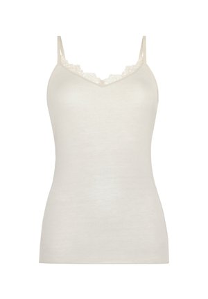 Crèmekleurige damescamisole met kanten afwerking bij de V-hals en dunne verstelbare schouderbandjes.