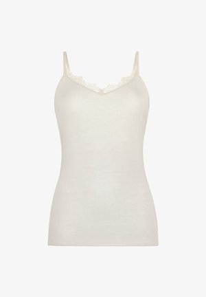 Cremefarbene Damen-Top mit Spitzenbesatz am V-Ausschnitt und dünnen verstellbaren Schulterträgern.