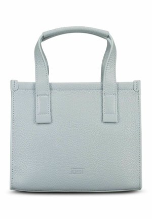 Sac à main en cuir texturé gris clair avec deux petites poignées et logo embossé subtil sur le devant.