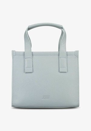 Sac à main en cuir texturé gris clair avec deux petites poignées et logo embossé subtil sur le devant.