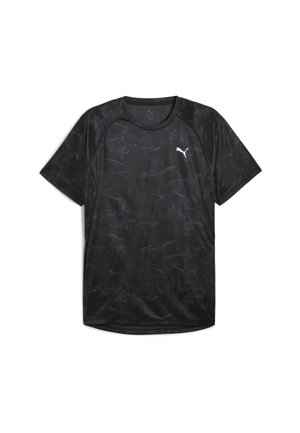 Zwarte sportshirt met korte mouwen, subtiel abstract patroon en klein wit Puma-logo op de linkerborst.