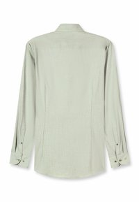 Hellgrünes langärmliges Hemd mit Kragen, Knopfmanschetten und glattem, strukturiertem Stoff. Gerader Rücken ohne Designdetails.