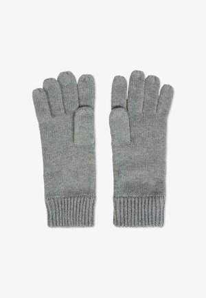 Szare, dziane rękawiczki z prążkowanym mankietem, z pięcioma oddzielnymi palcami i strukturalnym wzorem na całej powierzchni materiału.