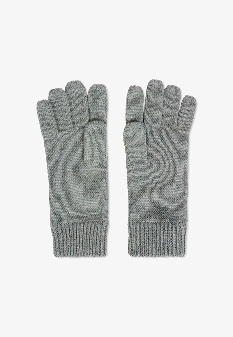 Guanti a maglia grigi con polsini a coste, dotati di cinque dita separate e con un motivo testurizzato su tutta la superficie del tessuto.