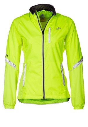 High-visibility neon yellow Adidas jacket with full front zipper, reflective strips on sleeves and pockets, and black collar lining.