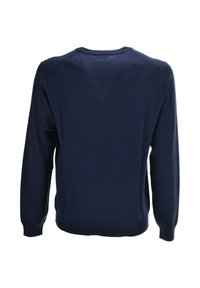 Maglione lungo a maniche con colletto rotondo in blu navy, mostrato dal retro, con polsini e orlo a coste.