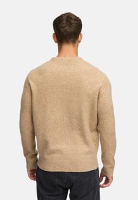 Beige gebreide trui met een ronde hals, uitgerust met een zachte textuur en ribbels aan de mouwen en onderkant, van achteren getoond op een model.