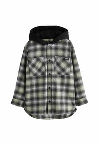 Chemise à carreaux noir et blanc avec capuche noire, boutons-pression à l'avant et deux poches poitrine, dont une étiquetée "S'ABONNER".