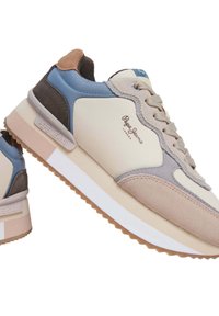 Lichte sneakers met een mix van beige, blauw en taupe materialen. Textuur-suède en gladde synthetische accenten, met een rubberen zool.