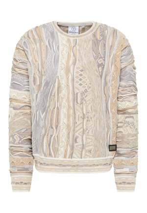 Texturierter creme- und beigen Pullover mit komplizierten Mustern und geschichteten Designs. Gerippte Bündchen und Saum betonen den taillierten Stil.