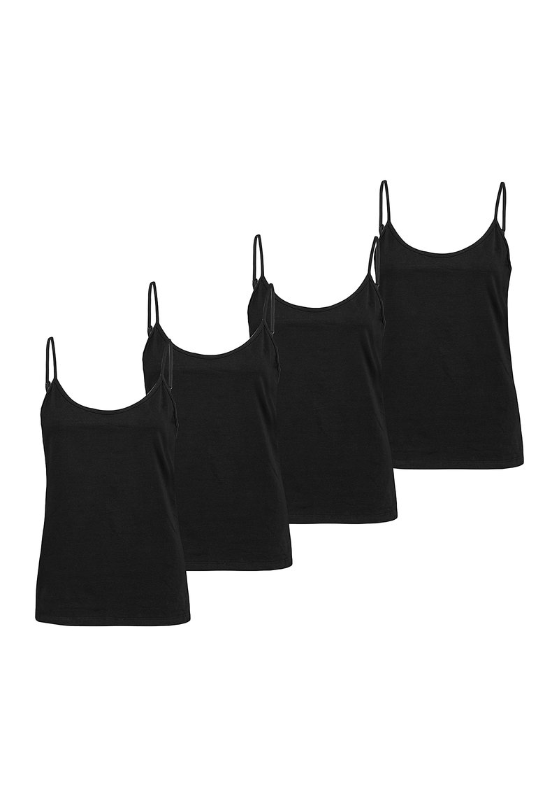 Four black camisole tops, featuring a scoop neckline, thin straps, and a smooth texture, made from soft fabric for comfort.