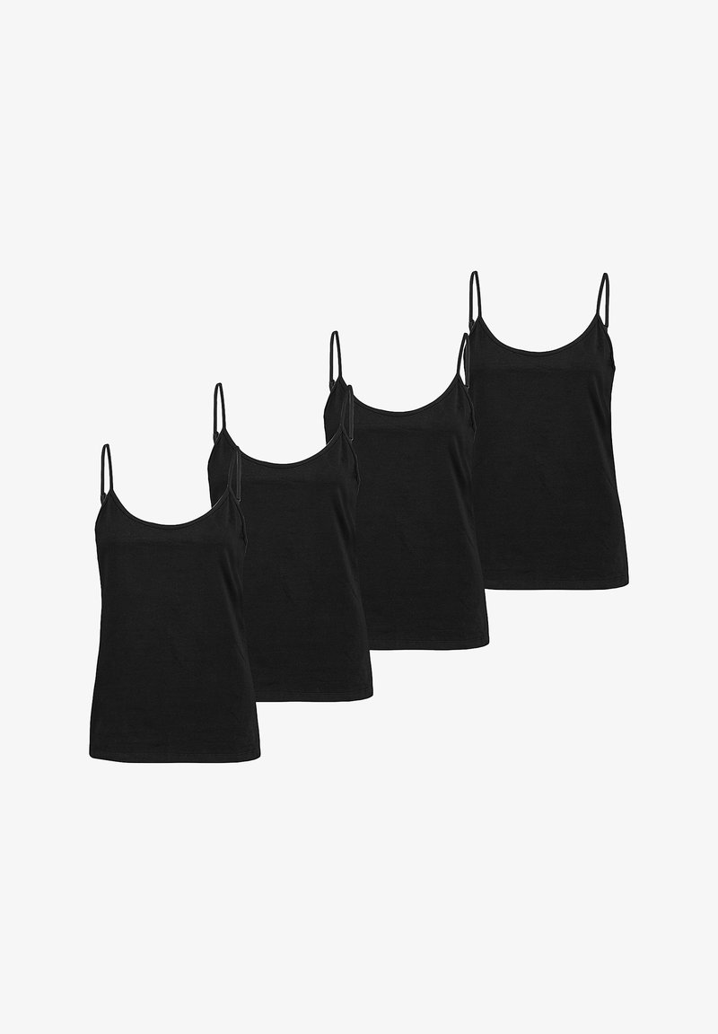 Vier schwarze Spaghetti-Tops mit einem runden Ausschnitt, dünnen Trägern und einer glatten Textur, hergestellt aus weichem Stoff für bequemen Tragekomfort.