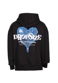 Black hoodie with a blue crystal heart graphic and white text reading "DROP SIZE," "HYPE LASTS FOREVER," and "AUTHENTIC COUTURE" on the back.