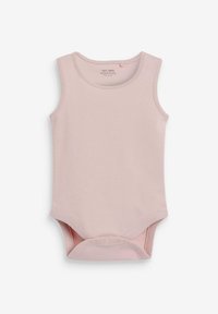 Helles rosa, ärmelloses Bodysuit mit rundem Ausschnitt und Druckknöpfen am Boden. Weiches Baumwollmaterial mit einer glatten Textur.