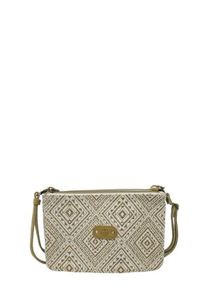Sac bandoulière beige et marron à motifs avec un design géométrique en losanges, bandoulière réglable, fermeture éclair et petite étiquette logo à l'avant.