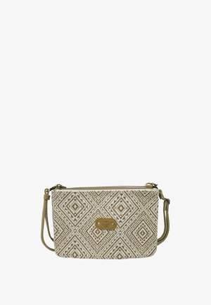 Sac bandoulière beige et marron à motifs avec un design géométrique en losanges, bandoulière réglable, fermeture éclair et petite étiquette logo à l'avant.