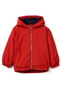 Rote leichte Jacke mit angebauter Kapuze, vorderem Reißverschluss, elastischen Bündchen und zwei Seitentaschen. Gefüttert mit einem dunkelblauen Stoff.