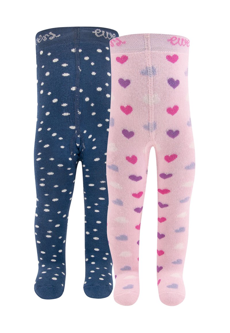 Navy blue and pink tights with white polka dots and heart patterns. Smooth knit texture. Logo embroidered at the waistband in contrasting colors.