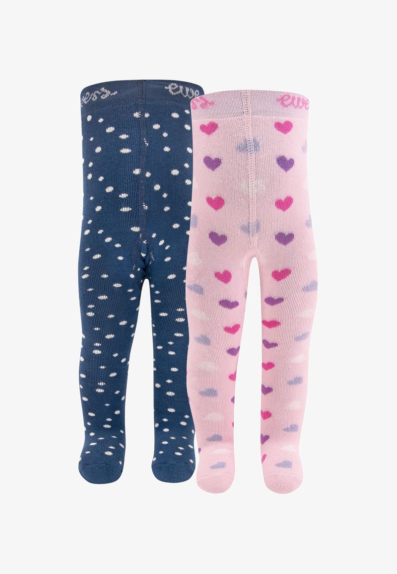Navy blue and pink tights with white polka dots and heart patterns. Smooth knit texture. Logo embroidered at the waistband in contrasting colors.