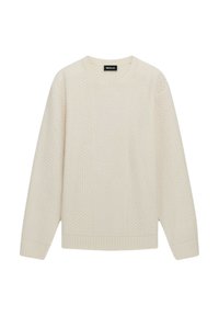 Crèmekleurige gebreide trui met een textuurpatroon en geribde boorden en zoom. Is voorzien van een ronde halslijn en een losse pasvorm.