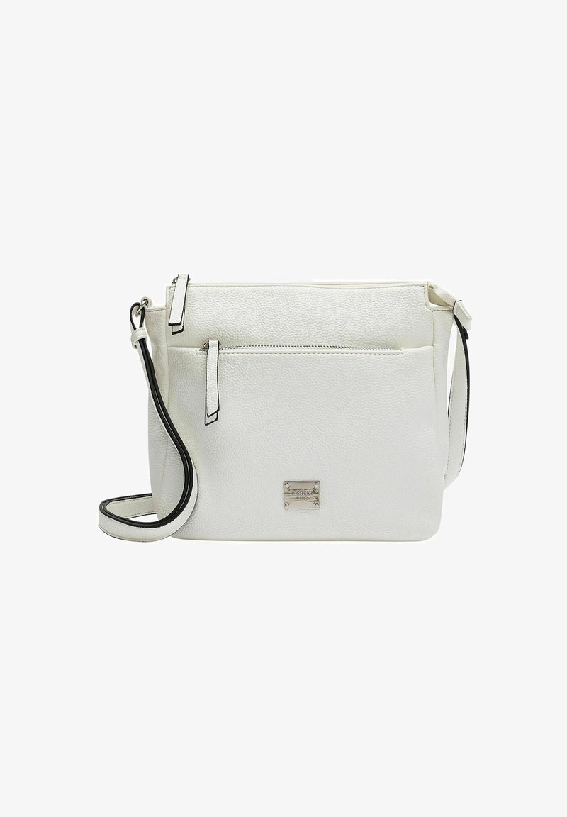 Bolso bandolera de cuero blanco con un acabado texturizado. Presenta un bolsillo frontal con cremallera, herrajes en plata y una correa desmontable con acentos en negro.