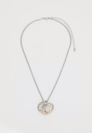 Silberkettchen mit drei ineinandergreifenden Ringen: zwei silberne und einen goldenen, mit glatter Oberfläche und einem Karabinerverschluss.