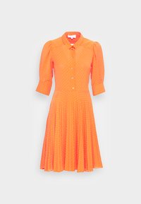 Vestido laranja com frente de botões, mangas curtas bufantes, saia plissada e bolinhas brancas numa tecido texturizado.