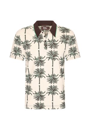 Korte mouw polo shirt in crème met een palmboomprint. Heeft een bruine kraag en een groene accent langs de kraag. Gemaakt van lichtgewicht stof.
