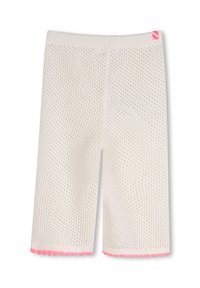 Pantaloncini in mesh color crema con motivo a trama, con orlo smerlato rosa e etichetta rosa a contrasto in vita.