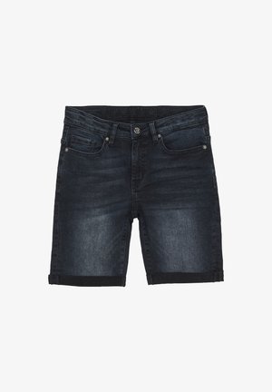 Dunkelblaue Jeansshorts mit geradem Schnitt, gefaltetem Saum, klassischem Fünf-Taschen-Design und Knopfverschluss.