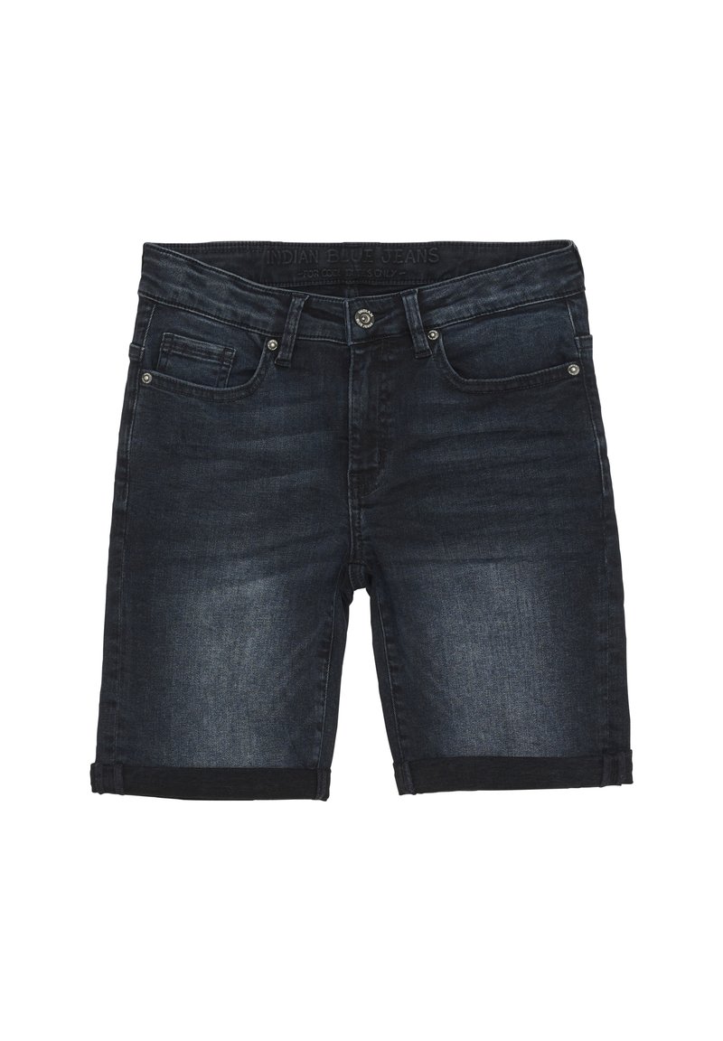 Mörka denimshorts med rak skärning, med vikta fållar, klassisk femficksdesign och knappstängning.